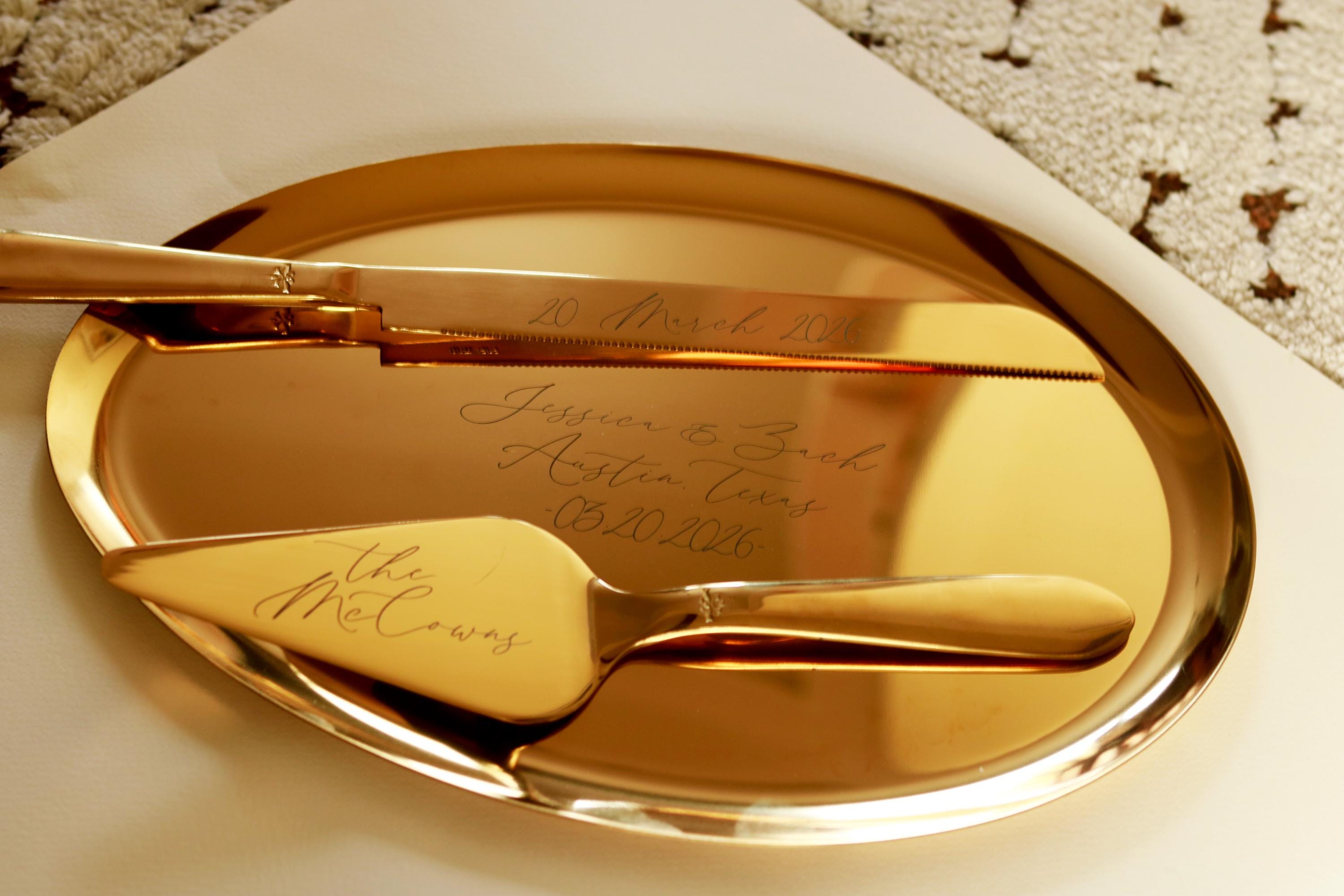 Personalized Wedding Cake Cutting Set – Engraved Gold Knife & Server Gift